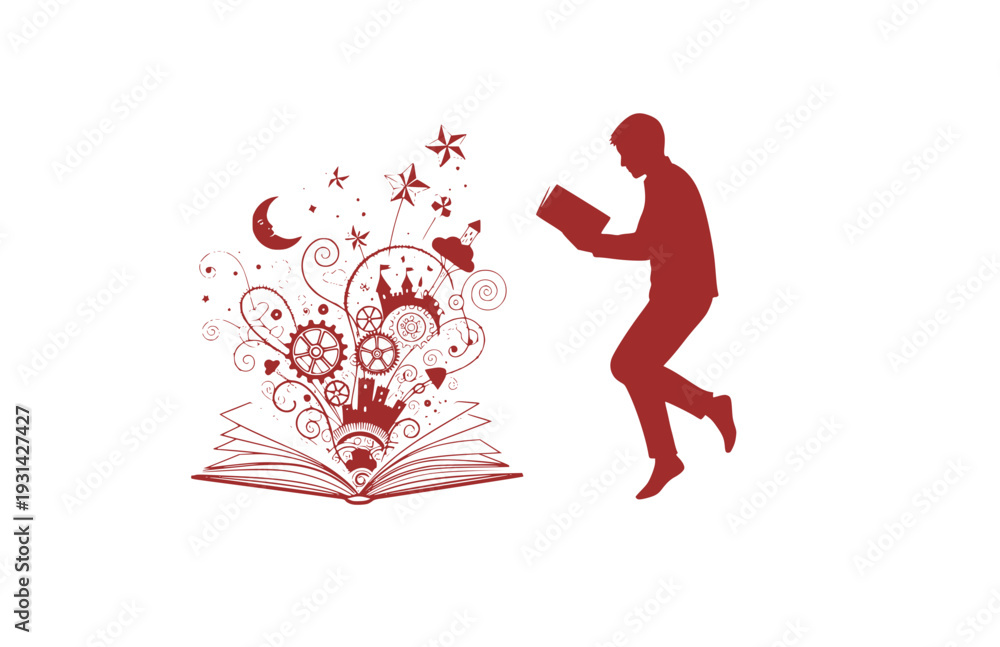 Obraz premium Surreal Imagination and Reading Silhouette, Person Floating with Book for Creative Education and Dream Vector