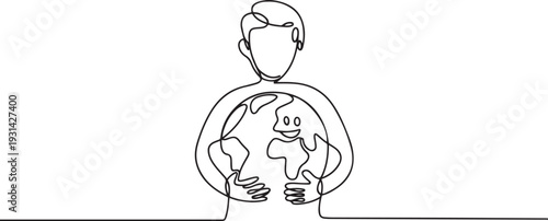 Continuous one line drawing. person holding in hand a world map shape with a cheerful face illustration. one line art icon drawing vector