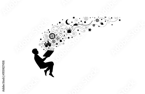Surreal Imagination and Reading Silhouette, Person Floating with Book for Creative Education and Dream Vector