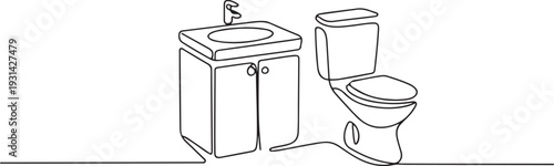 Continuous one line drawing of Washbasin cabinet and flush toilet. one line art icon drawing vector