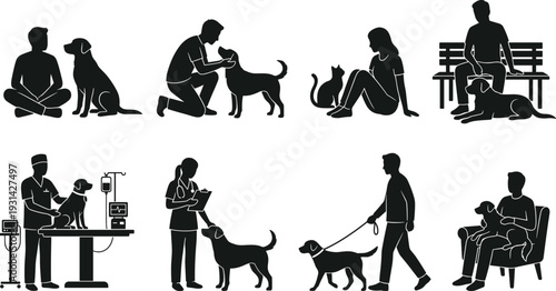 Silhouettes of people interacting with various pets and animals