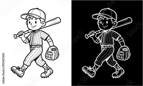 Young baseball player walking with bat and glove.