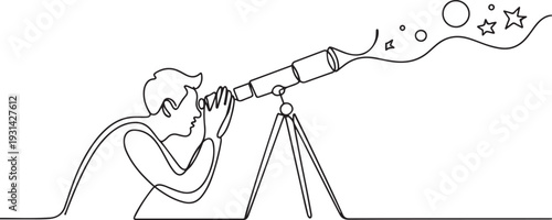 Continuous one line drawing of a man observing outer space withTelescope. one line art icon drawing vector