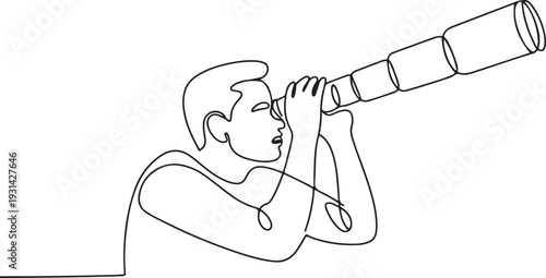 Continuous one line drawing of a man observing outer space withTelescope. one line art icon drawing vector