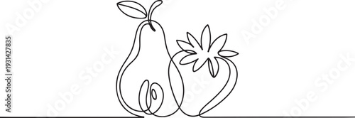 Continuous one line drawing of pear and strawberry vector design. pear and strawberry single line art vector illustration. one line art icon drawing vector