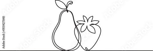 Continuous one line drawing of pear and strawberry vector design. pear and strawberry single line art vector illustration. one line art icon drawing vector