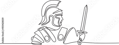 Continuous one line drawing of roman warrior knight helmet mask with shield and sword. Spartan ,helmet mask, shield and swords single outline vector illustration. one line art icon drawing vector