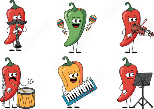 Colorful anthropomorphic peppers playing musical instruments