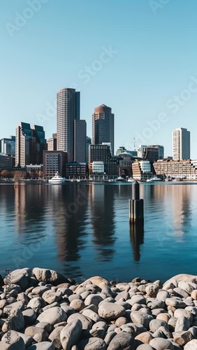 Boston Skyline With Harbor and Rocky Shoreline on a Clear Day