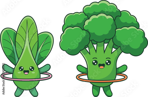 Two cartoon green vegetables with faces hula hooping broccoli