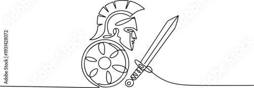 Continuous one line drawing of roman warrior knight helmet mask with shield and sword. Spartan ,helmet mask, shield and swords single outline vector illustration. one line art icon drawing vector