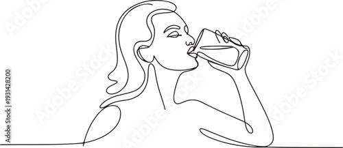 Continuous one line drawing of woman drinking fresh juice from the glass. Pretty girl drinking juice single outline vector illustration. one line art icon drawing vector