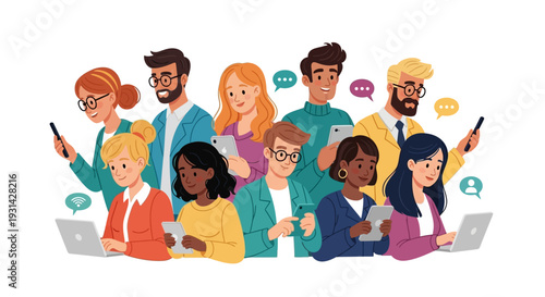 Diverse group collaborating on digital devices with communication bubbles surrounding them together