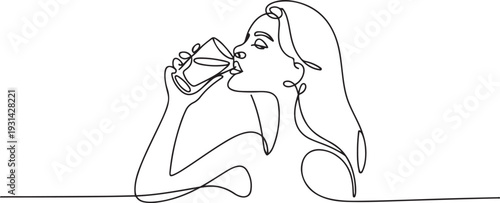 Continuous one line drawing of woman drinking fresh juice from the glass. Pretty girl drinking juice single outline vector illustration. one line art icon drawing vector
