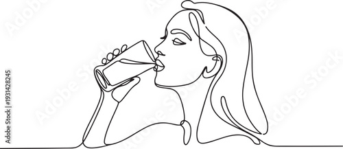 Continuous one line drawing of woman drinking fresh juice from the glass. Pretty girl drinking juice single outline vector illustration. one line art icon drawing vector
