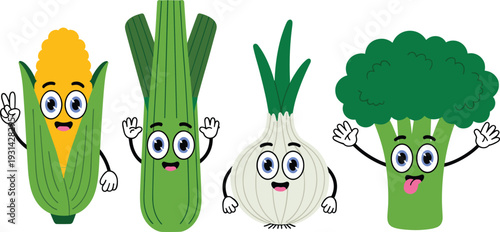 Four anthropomorphic vegetables with expressive faces and arms