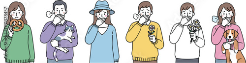 People wearing masks coughing sneezing and showing flu symptoms healthcare and illness prevention vector illustration
