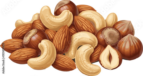Assorted nuts mix with almonds cashews and hazelnuts healthy snack food vector illustration concept