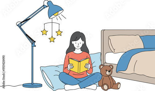 Girl reading book in cozy bedroom with teddy bear and lamp home education vector illustration