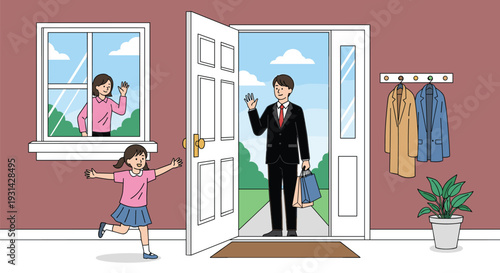 Child welcoming father coming home from work family reunion happy parenting lifestyle vector illustration concept