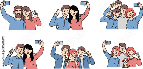 Happy friends taking selfies together group of young people making photos on smartphone vector illustration