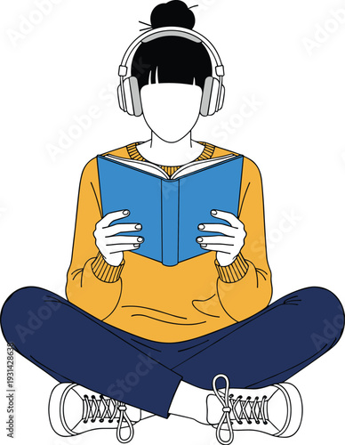 Student reading book with headphones sitting cross legged focused learning and online education vector illustration