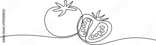 Continuous one line drawing of tomato. A whole and sliced tomatoes. one line art icon drawing vector