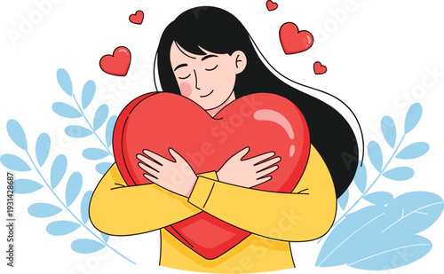 Woman hugging red heart self love mental health care compassion and emotional wellbeing vector illustration concept