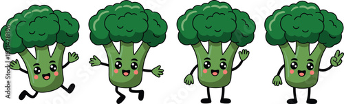 Four green broccoli characters dancing with arms raised vegetable