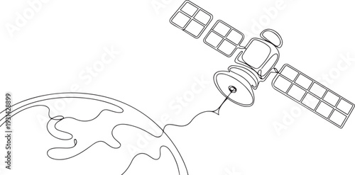 Continuous one line drawing of Outer Space Satellite. satellite communications from earth orbit in simple outline illustration. one line art icon drawing vector