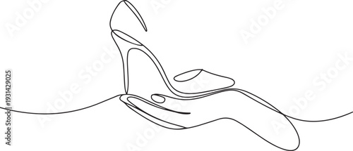 Continuous one line drawing of hand holding elegant highheels shoes. one line art icon drawing vector