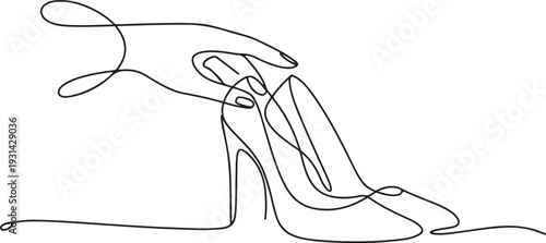 Continuous one line drawing of hand holding elegant highheels shoes. one line art icon drawing vector