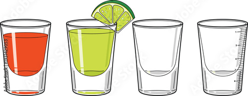 Set of transparent glass cups with colorful drinks lime cocktail and empty measuring glass vector illustration