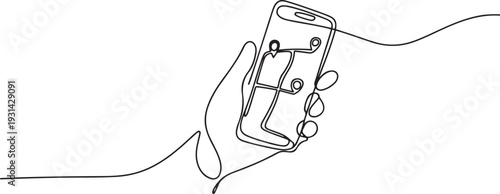 Continuous line design of hand holding mobile phone to search travel route. one line art icon drawing vector