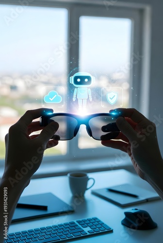 Hands holding futuristic smart glasses with AI robot interface