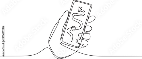 Continuous line design of hand holding mobile phone to search travel route. one line art icon drawing vector