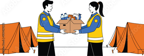 Volunteers distributing donation box at refugee camp humanitarian aid and charity support vector illustration concept