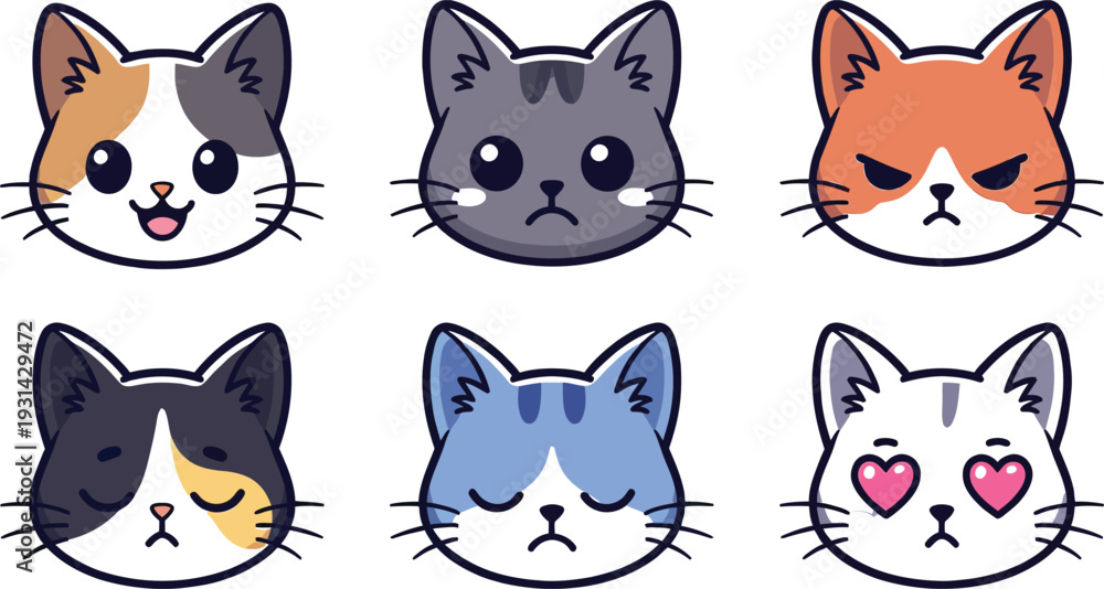 Fototapeta premium Cute cat faces with various emotions in flat cartoon style for digital design