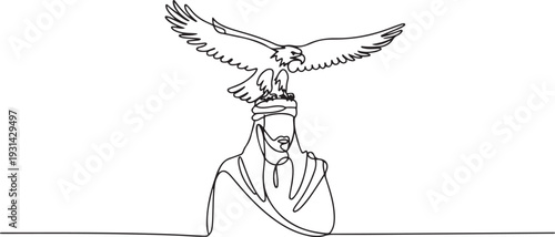 Eagle on a arabian man  line art. one line art icon drawing vector