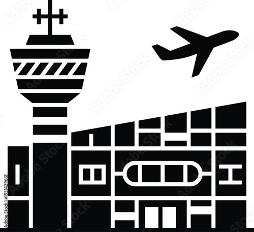 Black and white airport control tower with airplane and runway