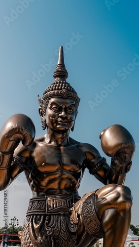 Bronze Muay Thai Fighter Statue in Fighting Stance With Boxing Gloves Near Temple