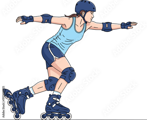 Woman roller skating in protective gear inline skates sport fitness activity vector illustration isolated