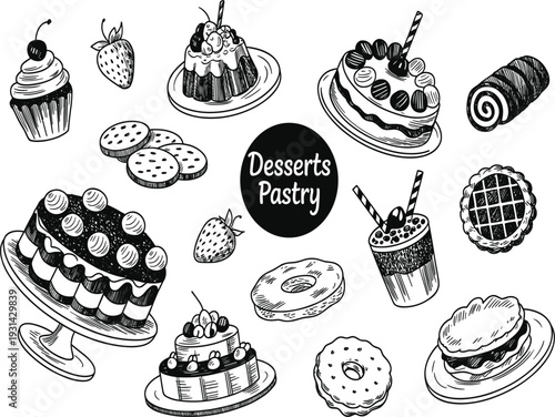 Sweet desserts and pastry collection sketch, hand drawn delicious bakery cakes, vintage food vector illustration