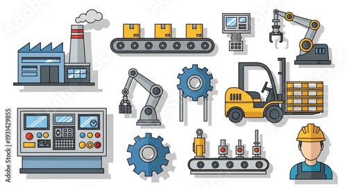 Industrial manufacturing elements and machinery collection illustration.