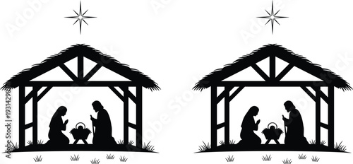 Silhouette nativity scene with star of bethlehem manger