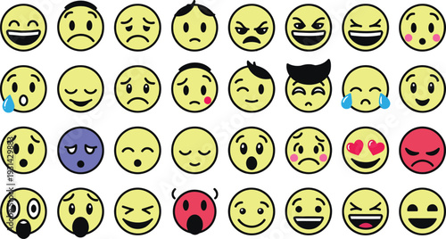 Bundle of yellow circular emoticons with hair and accessories showing emotions