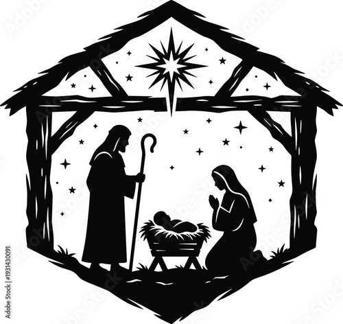 Black and white nativity scene with starry sky and manger