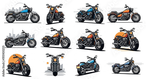 Collection of Diverse Motorcycle Illustrations in Various Styles.