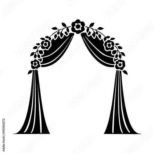 Elegant curtain illustration with floral decorations and draped fabric viewed from the front