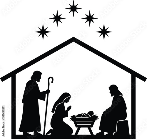 Silhouette of nativity scene with stars above manger jesus